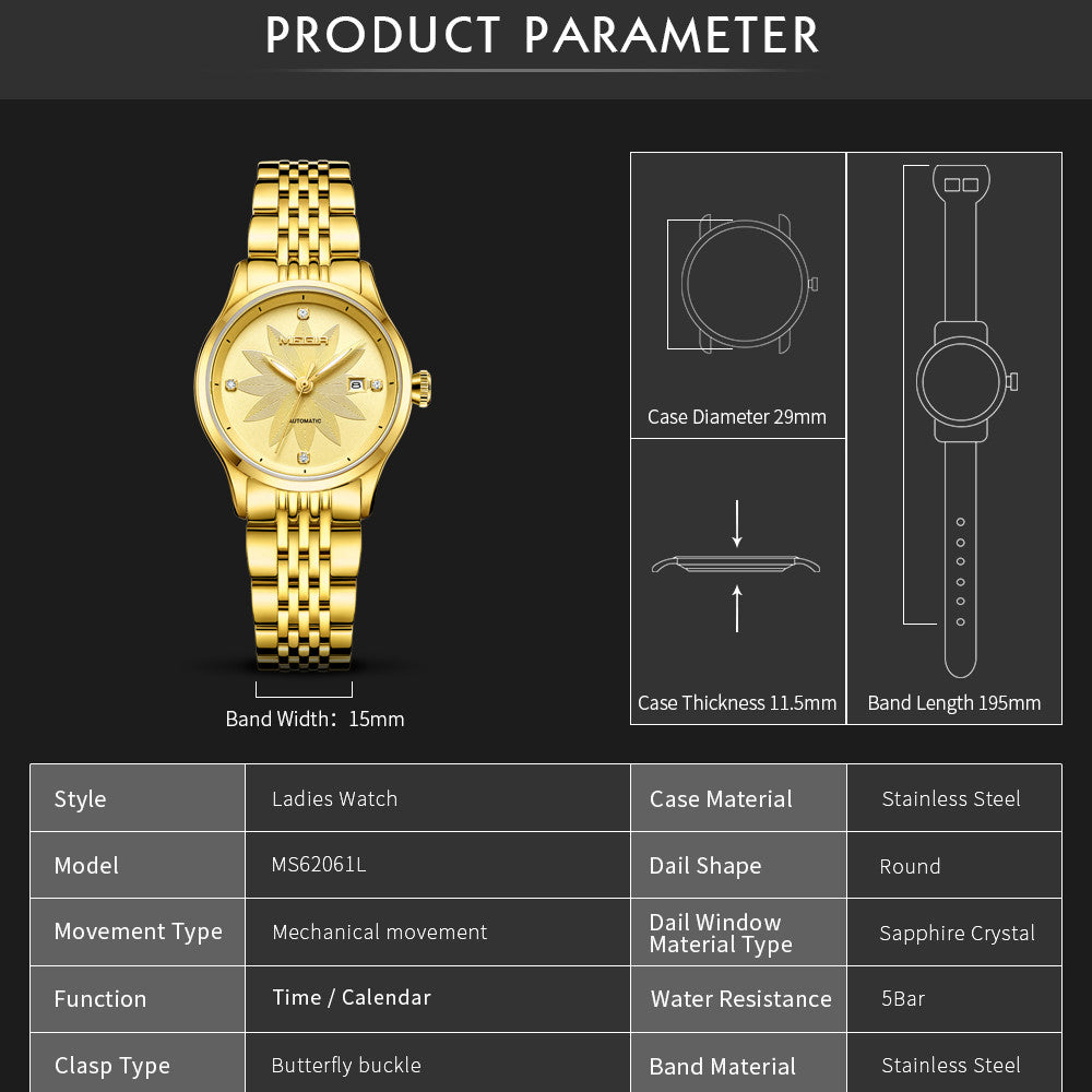 Golden Bloom Automatic Watch for Women | Noventra Chroniq